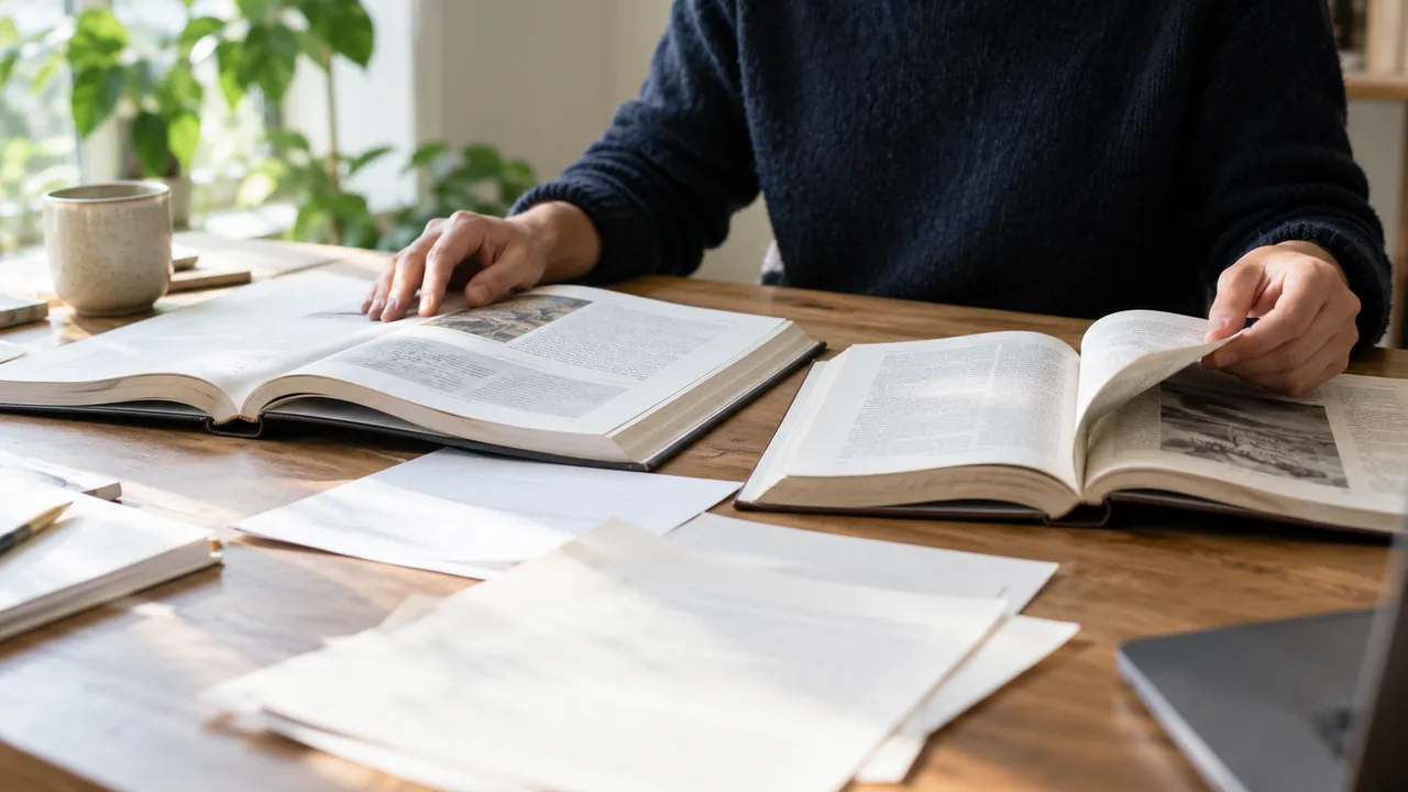 Mãos de uma pessoa organizam publicações abertas e anotações de leitura.