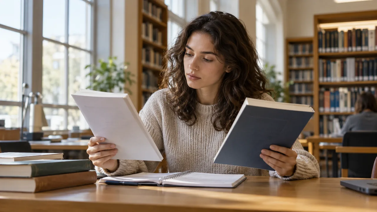 Estudante compara publicações acadêmicas em uma biblioteca.