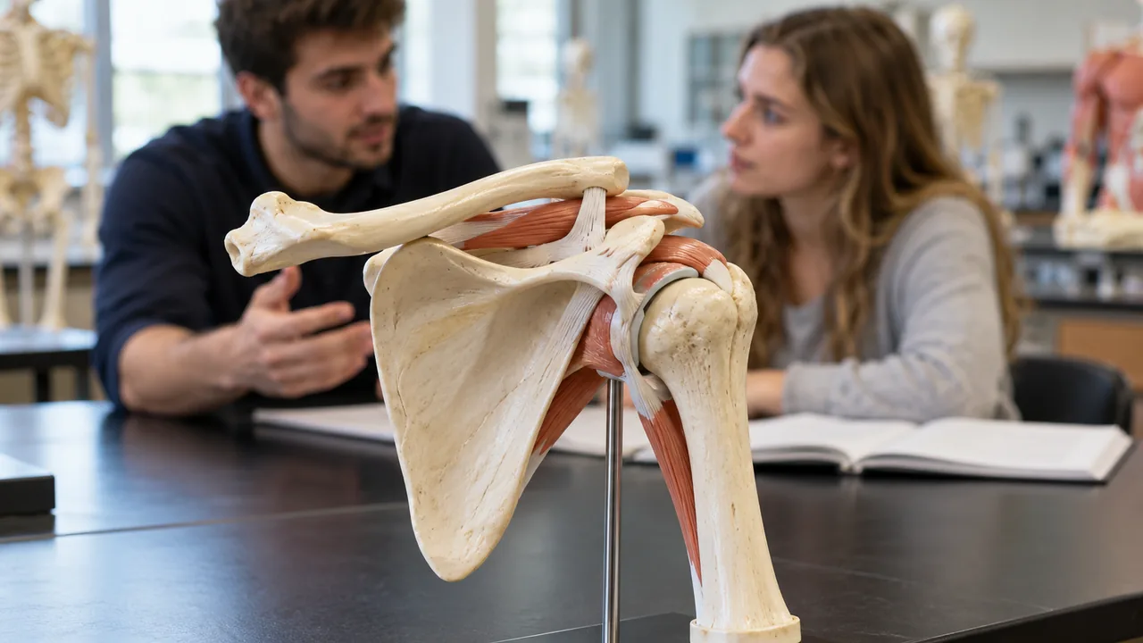 Modelo docente del hombro sobre una mesa de anatomía universitaria.
