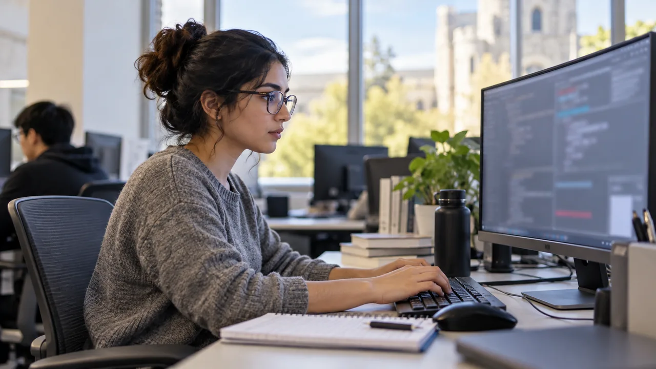 Estudiante de informática trabaja en un laboratorio de cómputo universitario.