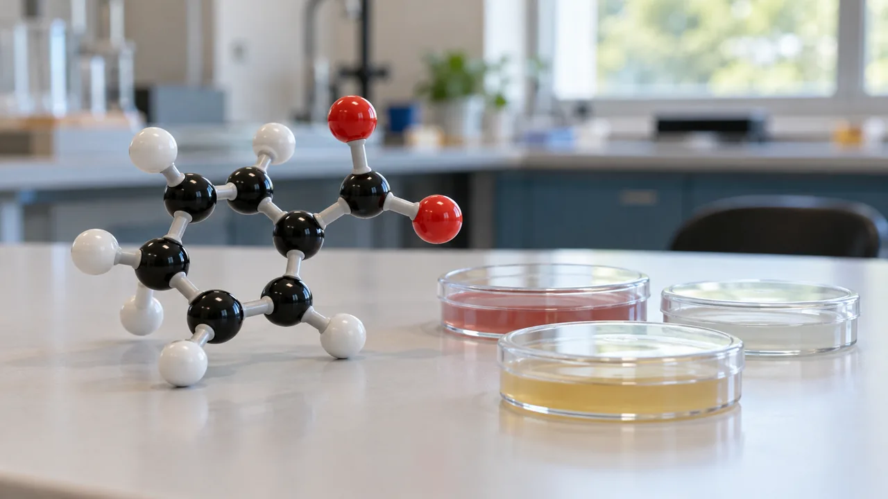 Modelo molecular didático e recipientes de amostras em uma bancada universitária.