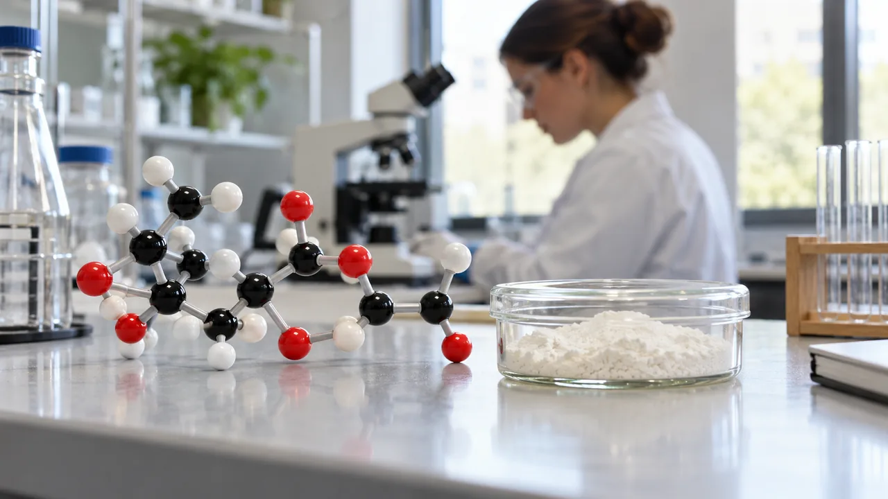 Modelo molecular didático e amostras sobre uma bancada de bioquímica.