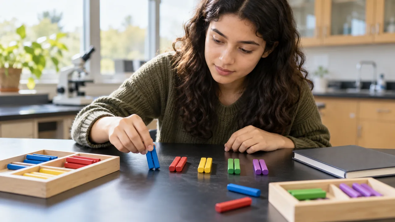 Modelo didáctico de varillas sobre una mesa de biología para comparar juegos cromosómicos.