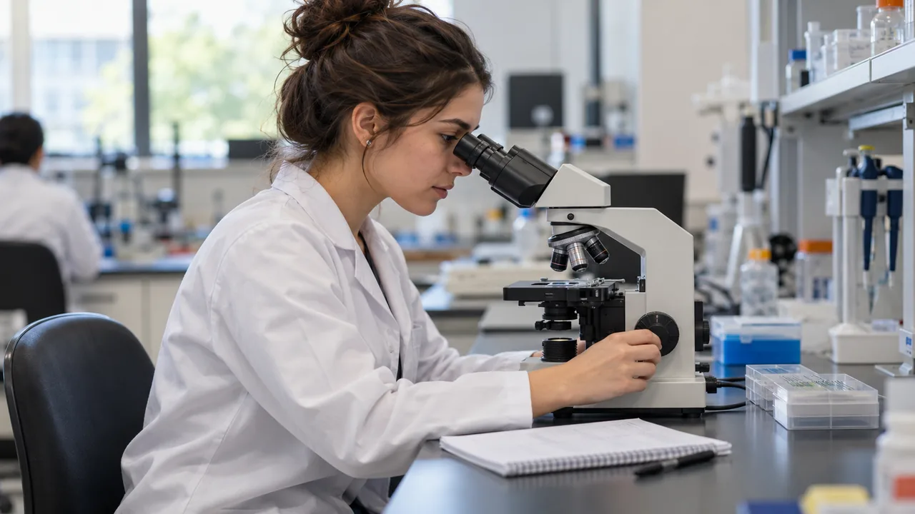 Estudiante observa una preparación con un microscopio en un laboratorio docente.