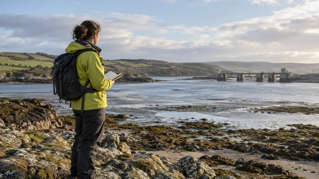 Investigador observa un estuario desde la costa durante trabajo de campo.