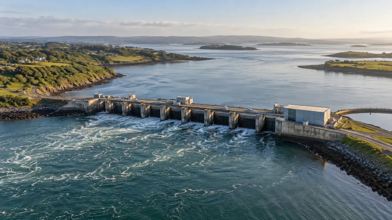 Vista ilustrativa de una instalación de aprovechamiento de mareas en un estuario.