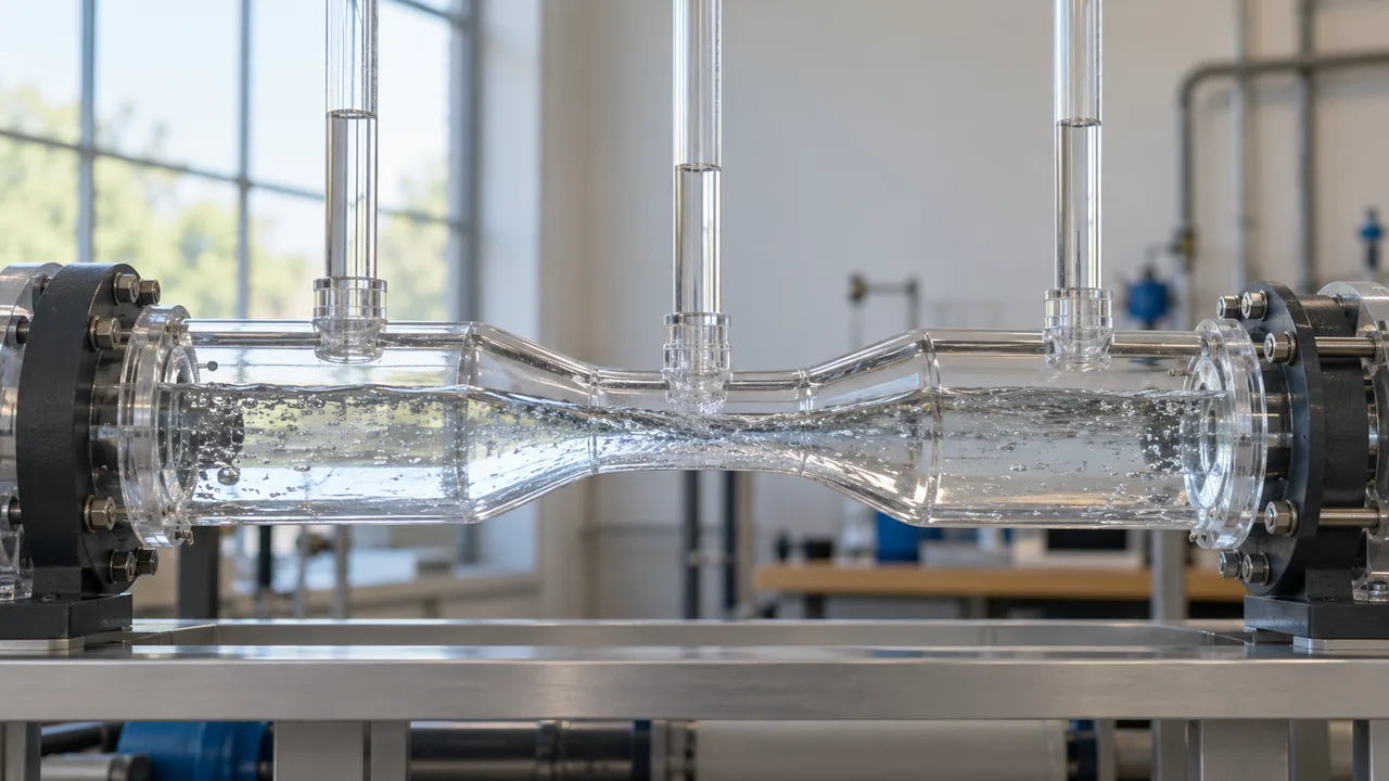 Aparelho didático com tubo de seção variável e tubos verticais em um laboratório de fluidos.