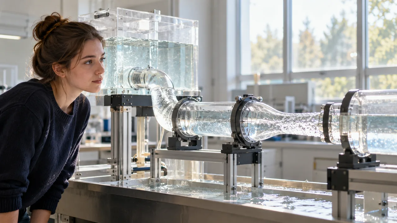 Estudante observa uma bancada didática de escoamento com tubos transparentes.