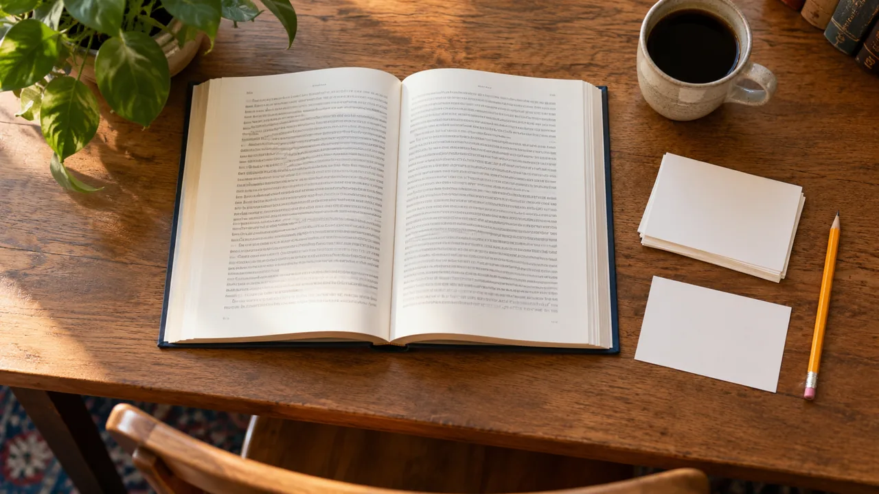 Livro aberto, fichas de leitura e lápis organizados sobre uma mesa.