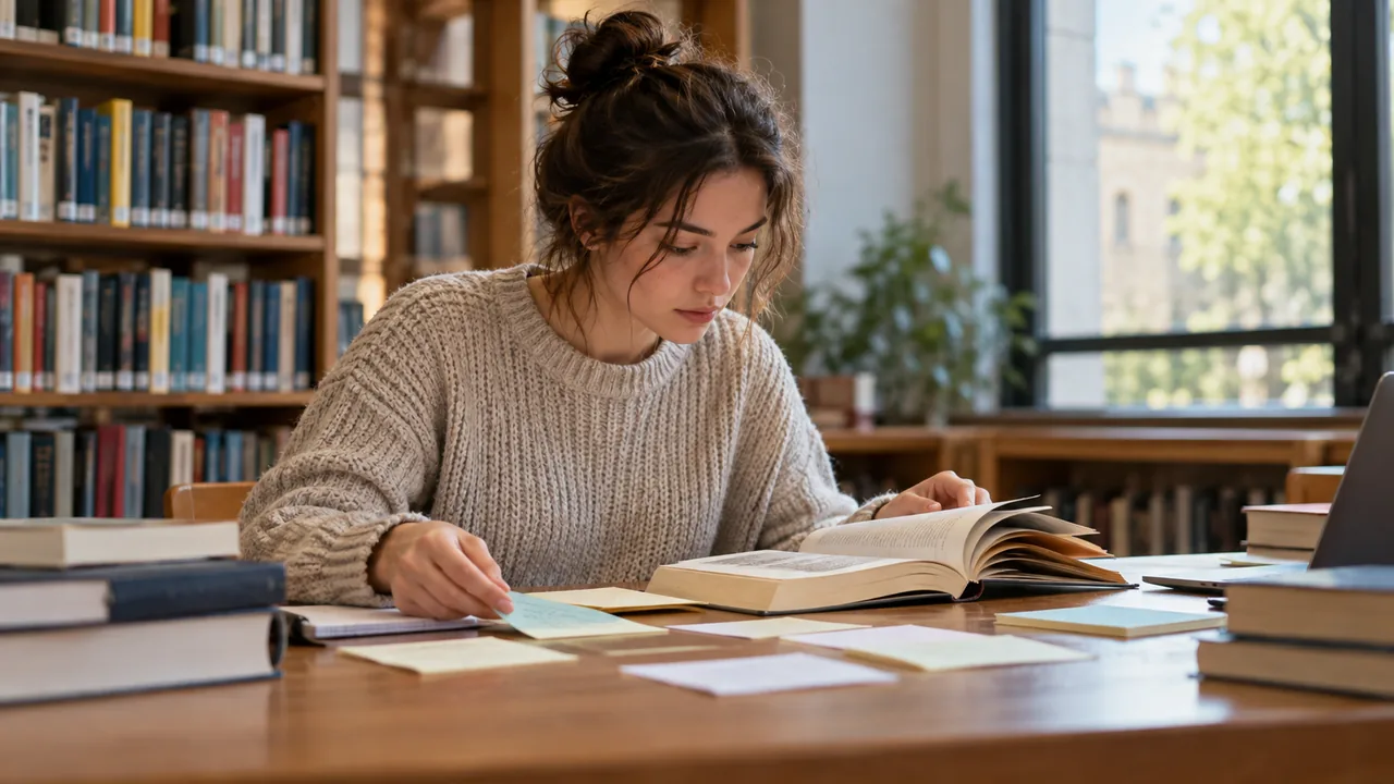 Estudante lê e faz anotações em uma mesa de biblioteca.