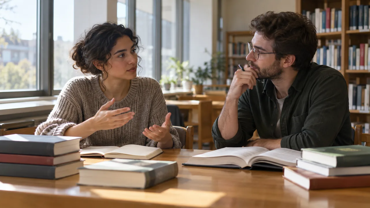 Estudantes discutem filosofia em uma mesa de biblioteca universitária.