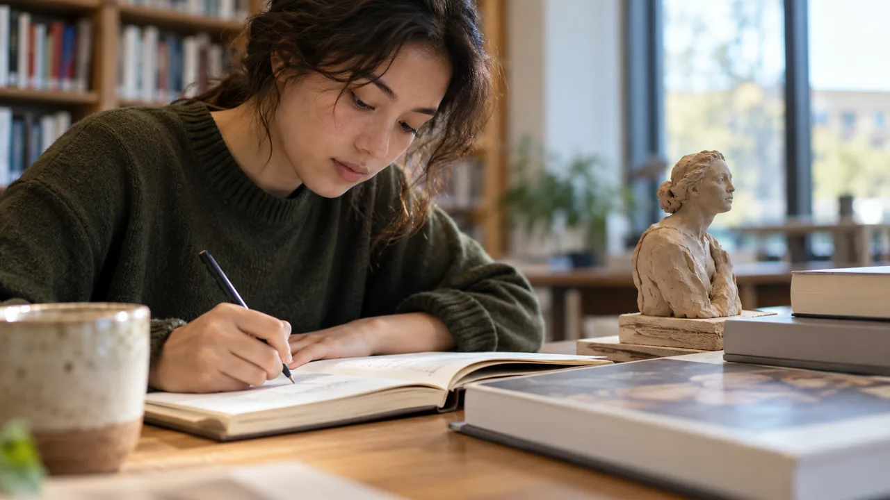 Cuaderno de estudio junto a una pequeña escultura y libros de arte.