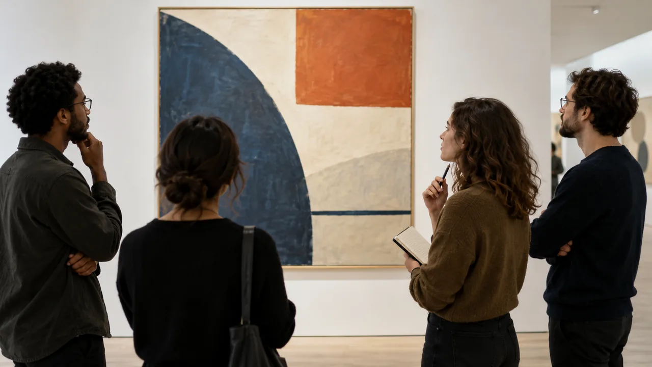 Estudiantes contemplan una obra abstracta en una galería.