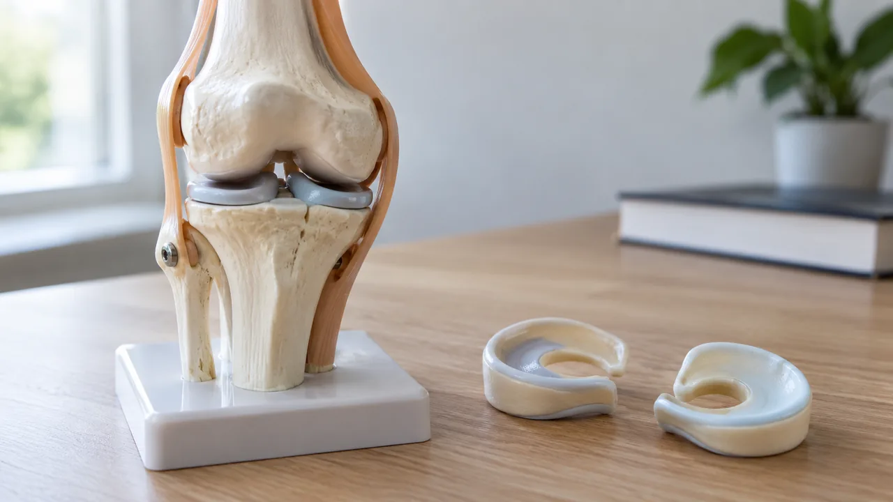 Modelo didático de joelho e réplicas de meniscos sobre uma bancada.