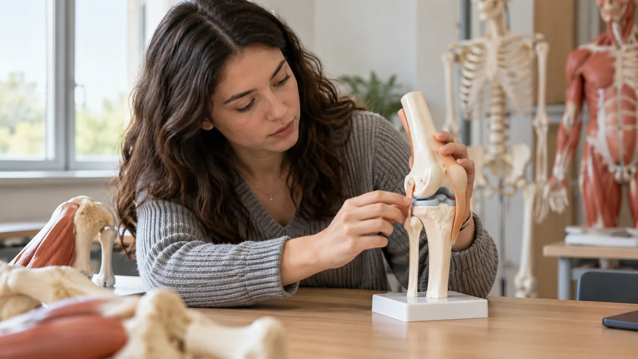 Estudante observa um modelo didático de joelho em uma sala de anatomia.