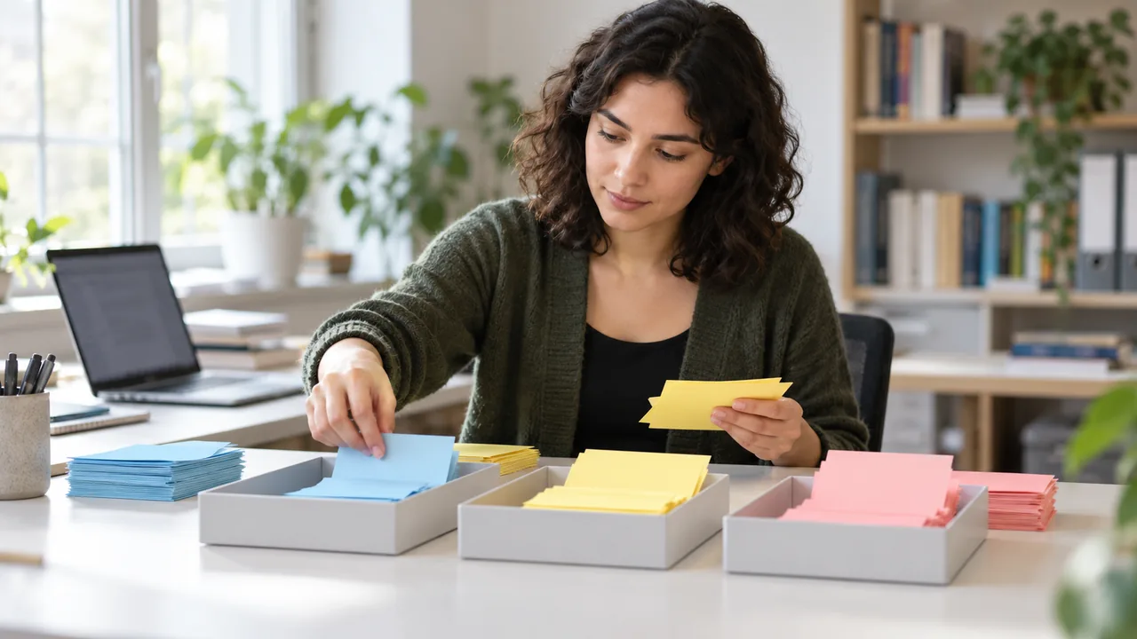 Investigadora organiza tarjetas en grupos para planear una muestra.