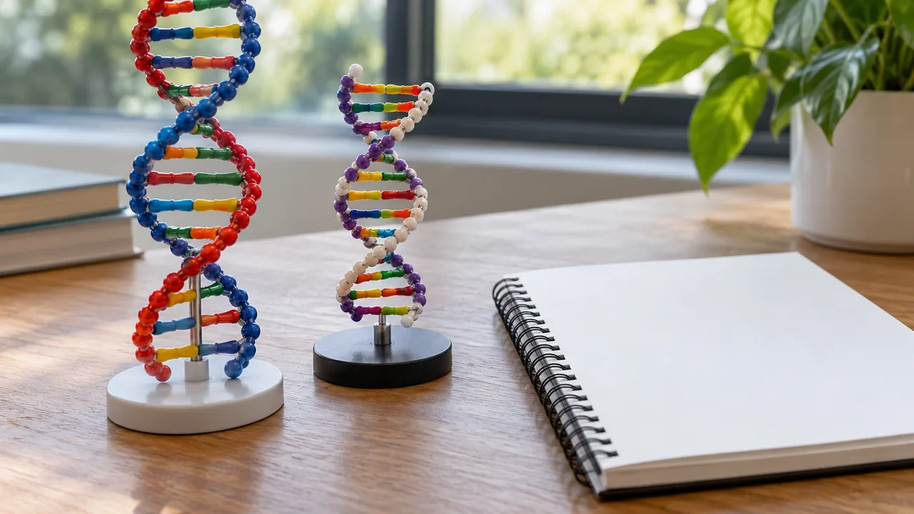 Dois modelos didáticos de DNA sobre uma bancada, ao lado de um caderno.