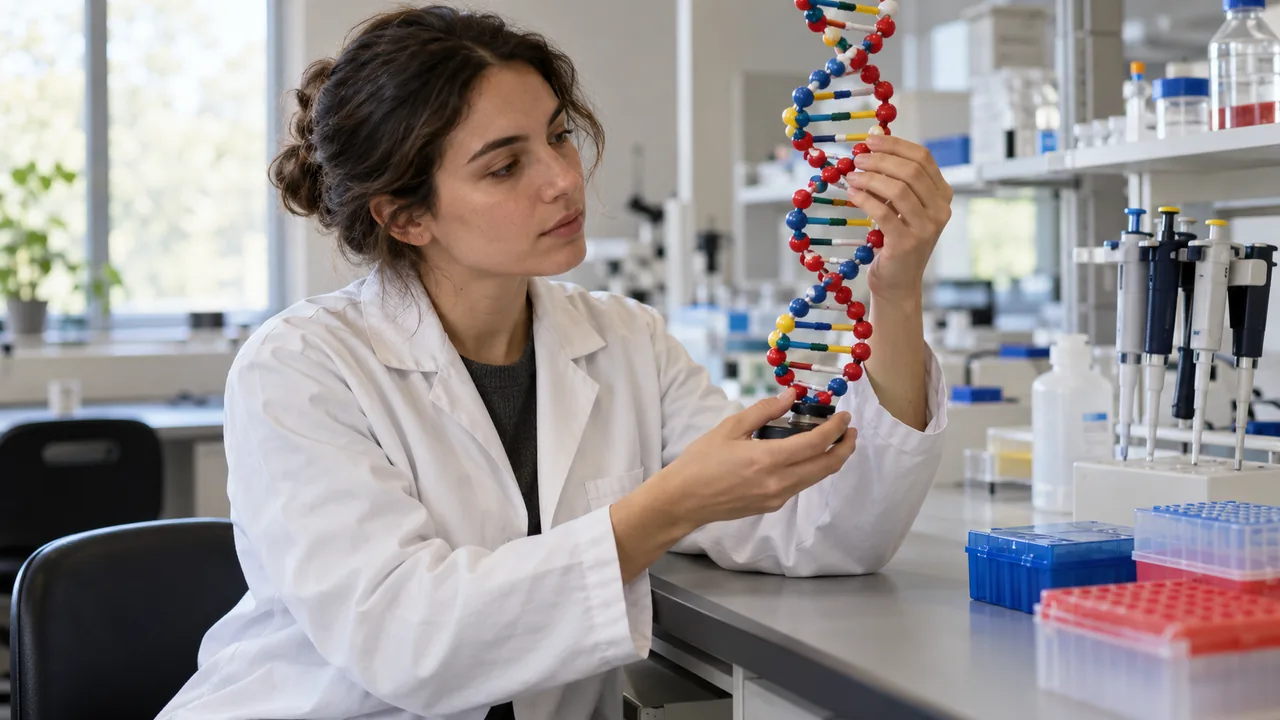 Pesquisadora examina um modelo didático de DNA em um laboratório universitário.