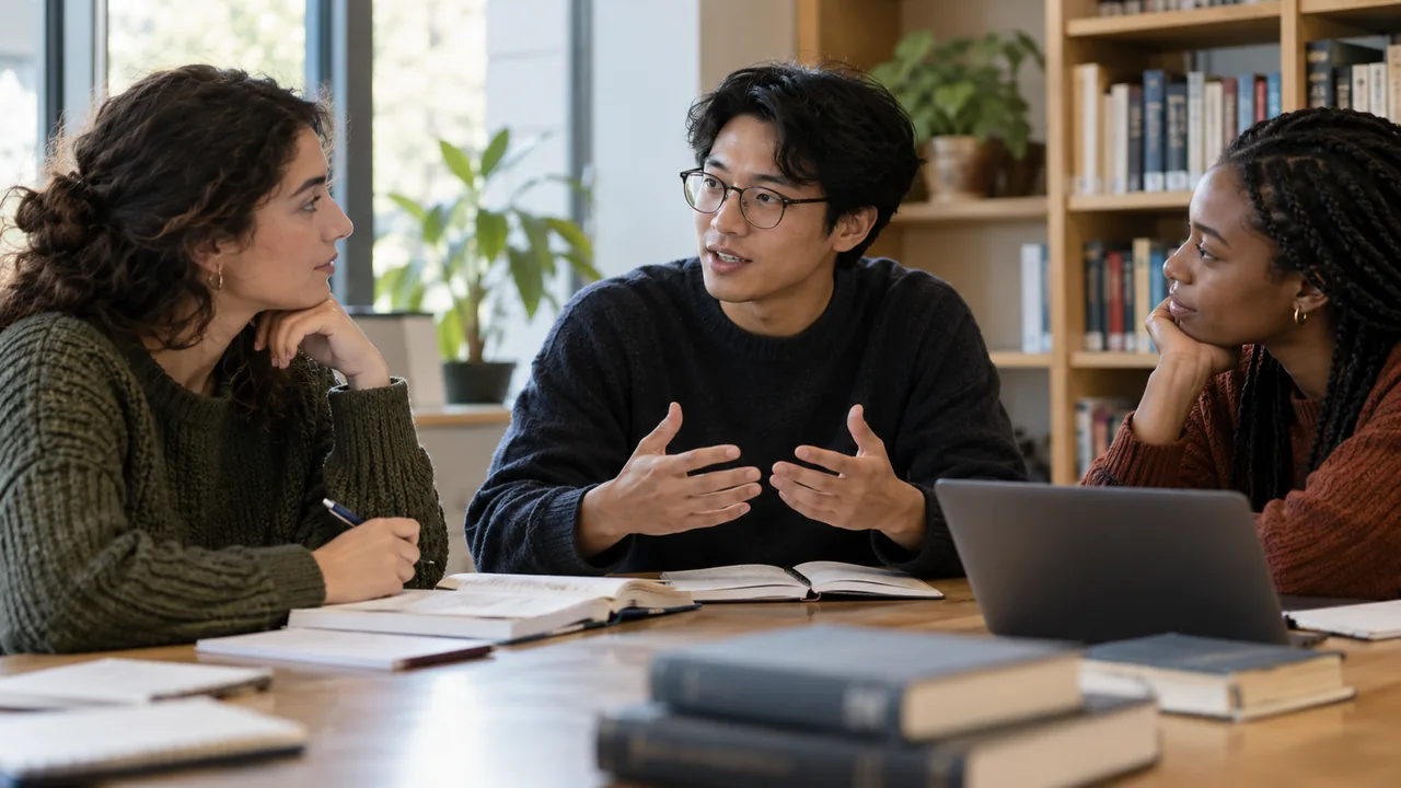 Estudantes de linguística conversam em uma mesa de seminário.