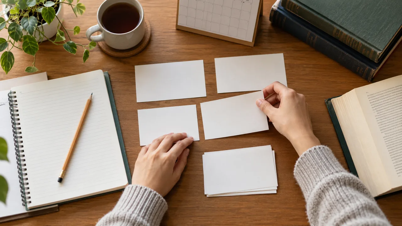 Fichas y cuaderno utilizados para organizar el alcance de una investigación.