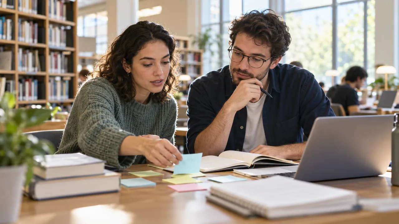 Estudiantes de posgrado delimitan una pregunta de investigación en una biblioteca.