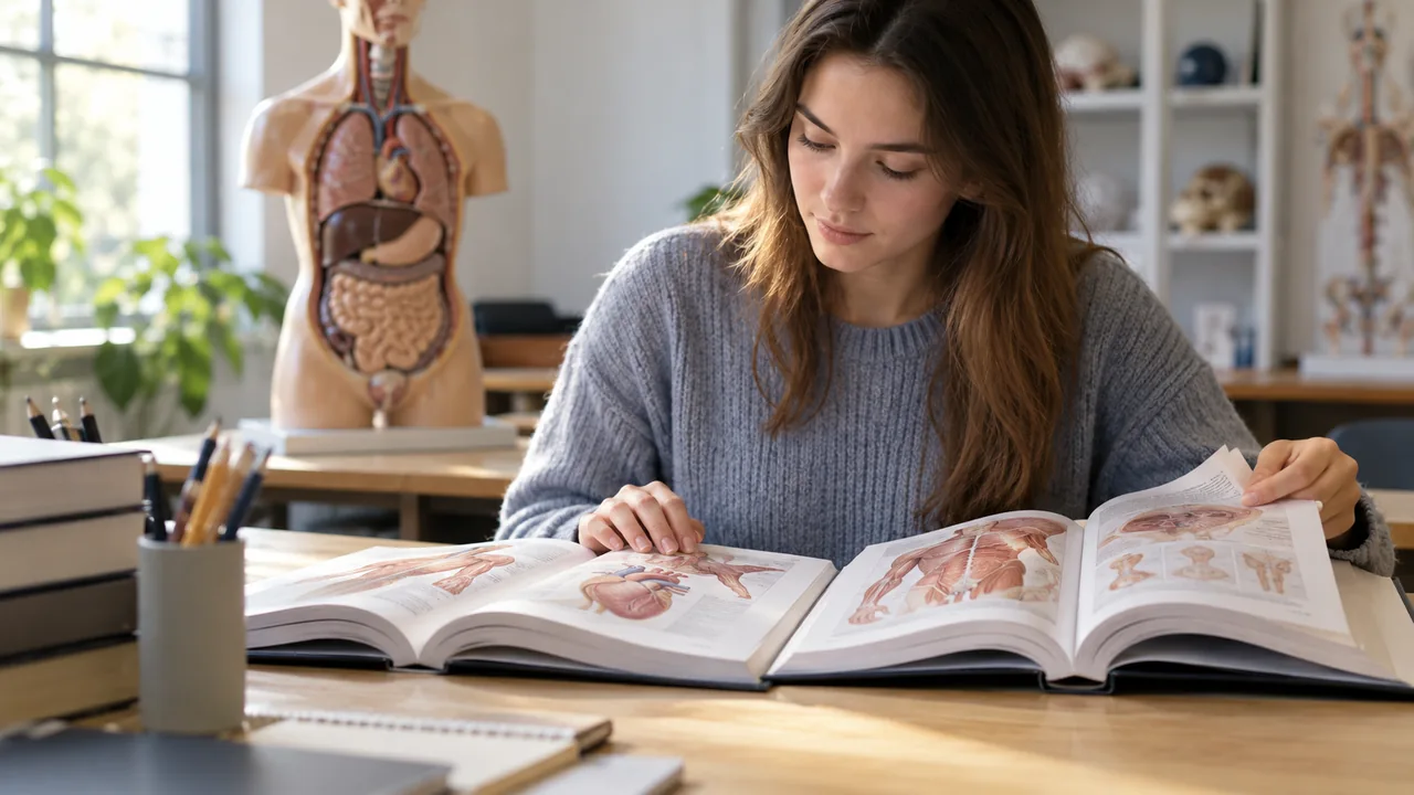 Estudante compara livros de fisiologia junto a um modelo didático do tronco humano.