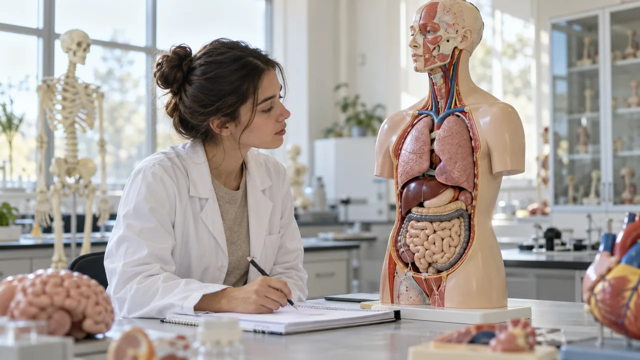 Estudante consulta um modelo de tronco humano em um laboratório universitário.