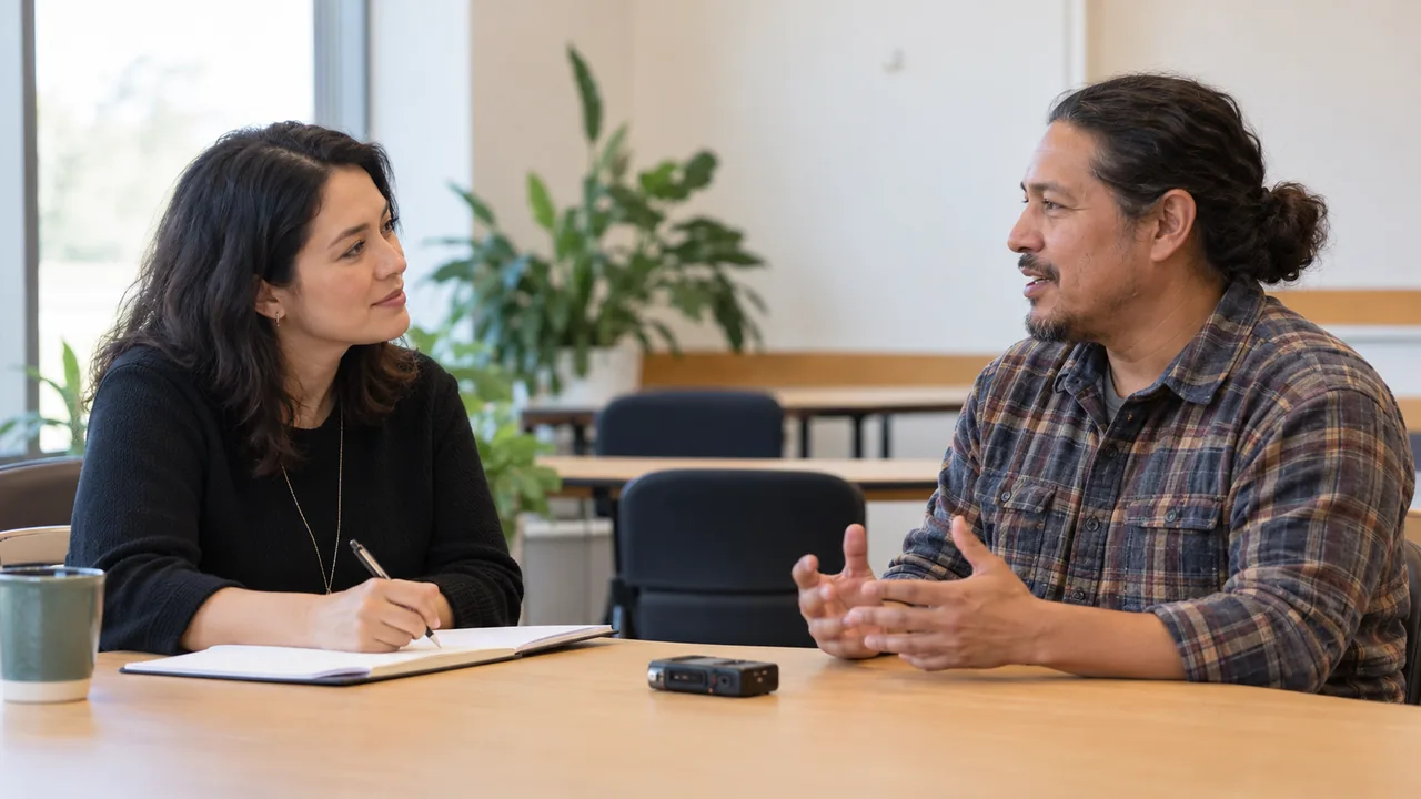 Entrevista de investigación social realizada en una sala comunitaria.
