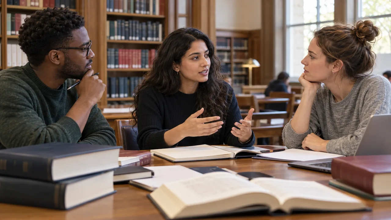 Estudiantes de derecho y ciencias sociales debaten en una biblioteca universitaria.