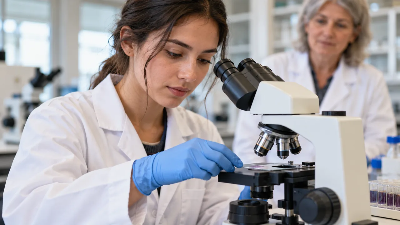 Preparación histológica colocada en un microscopio de un laboratorio universitario.
