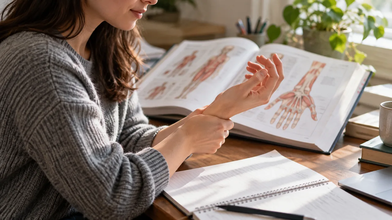 Mão em flexão ao lado de um livro de anatomia aberto.