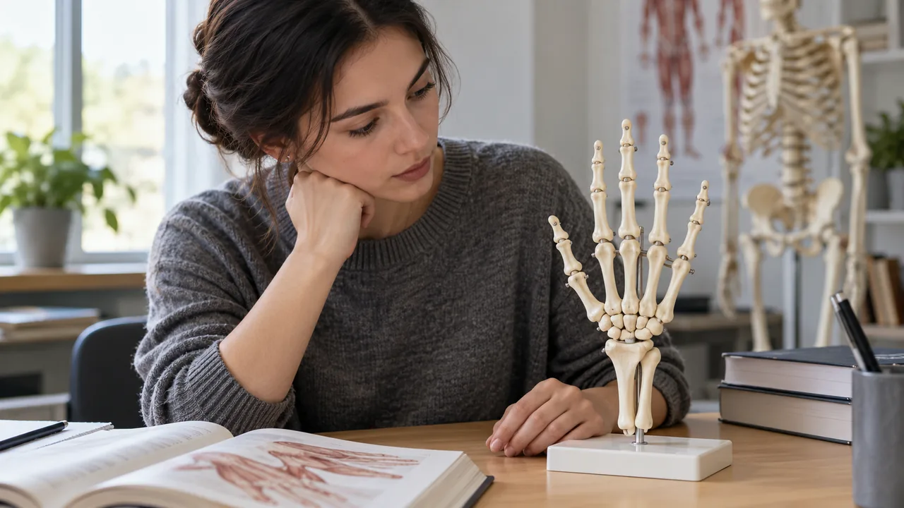 Estudante examina uma réplica didática do esqueleto da mão.