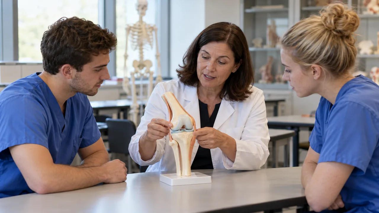 Docente presenta un modelo didáctico de la rodilla en un aula de anatomía.