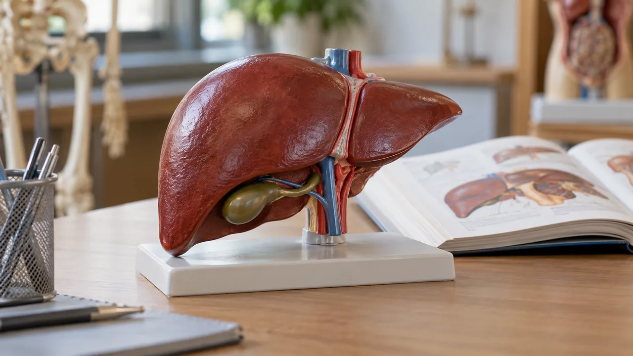 Réplica didática do fígado sobre uma mesa de estudo.