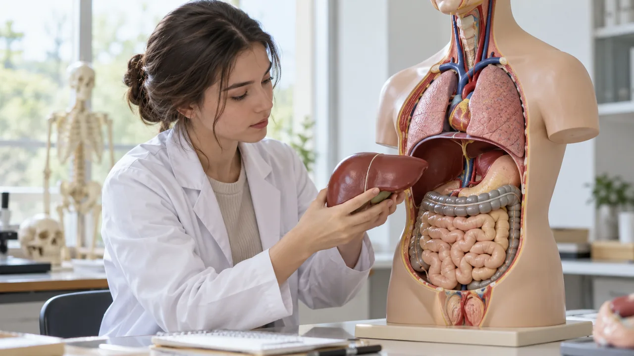 Estudante observa um modelo anatômico do fígado em um torso didático.