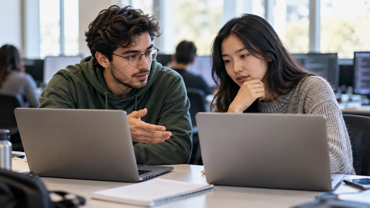 Estudantes discutem um exercício de banco de dados em um laboratório de informática.