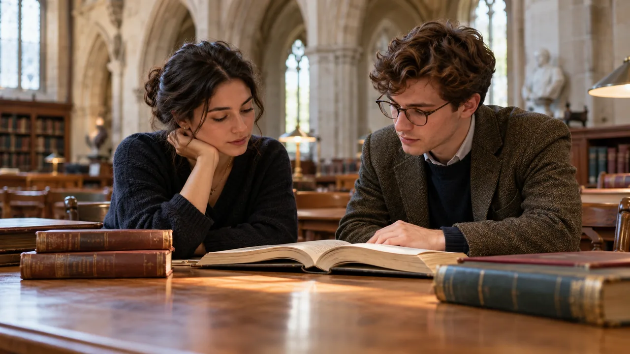 Estudiantes leen en una biblioteca universitaria de arquitectura histórica.