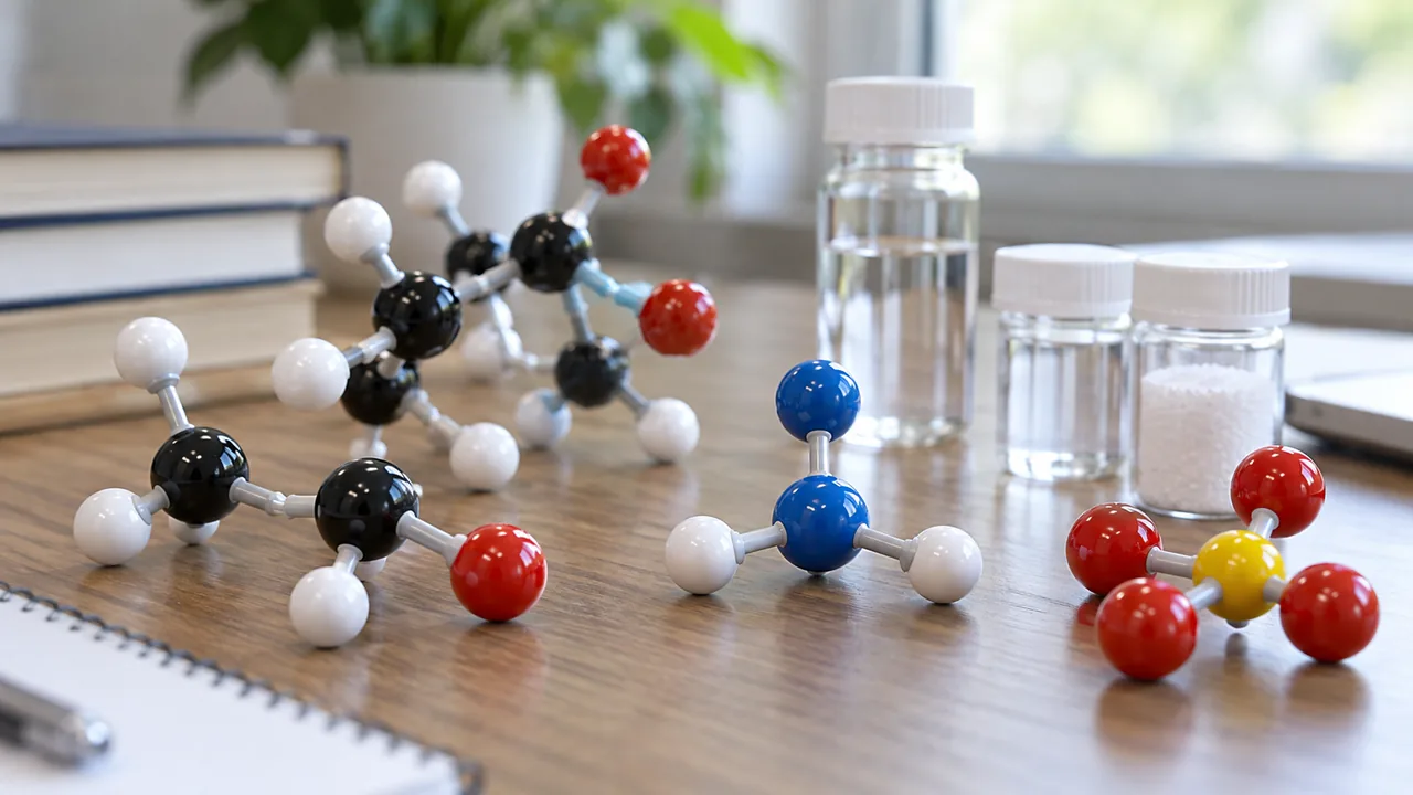 Modelos moleculares e recipientes de laboratório fechados sobre uma mesa.
