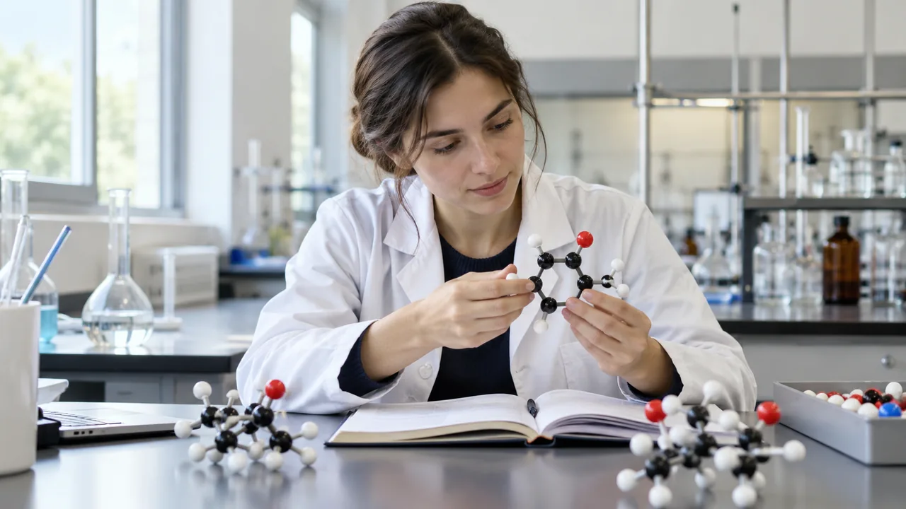 Estudante de química examina modelos moleculares em uma bancada universitária.