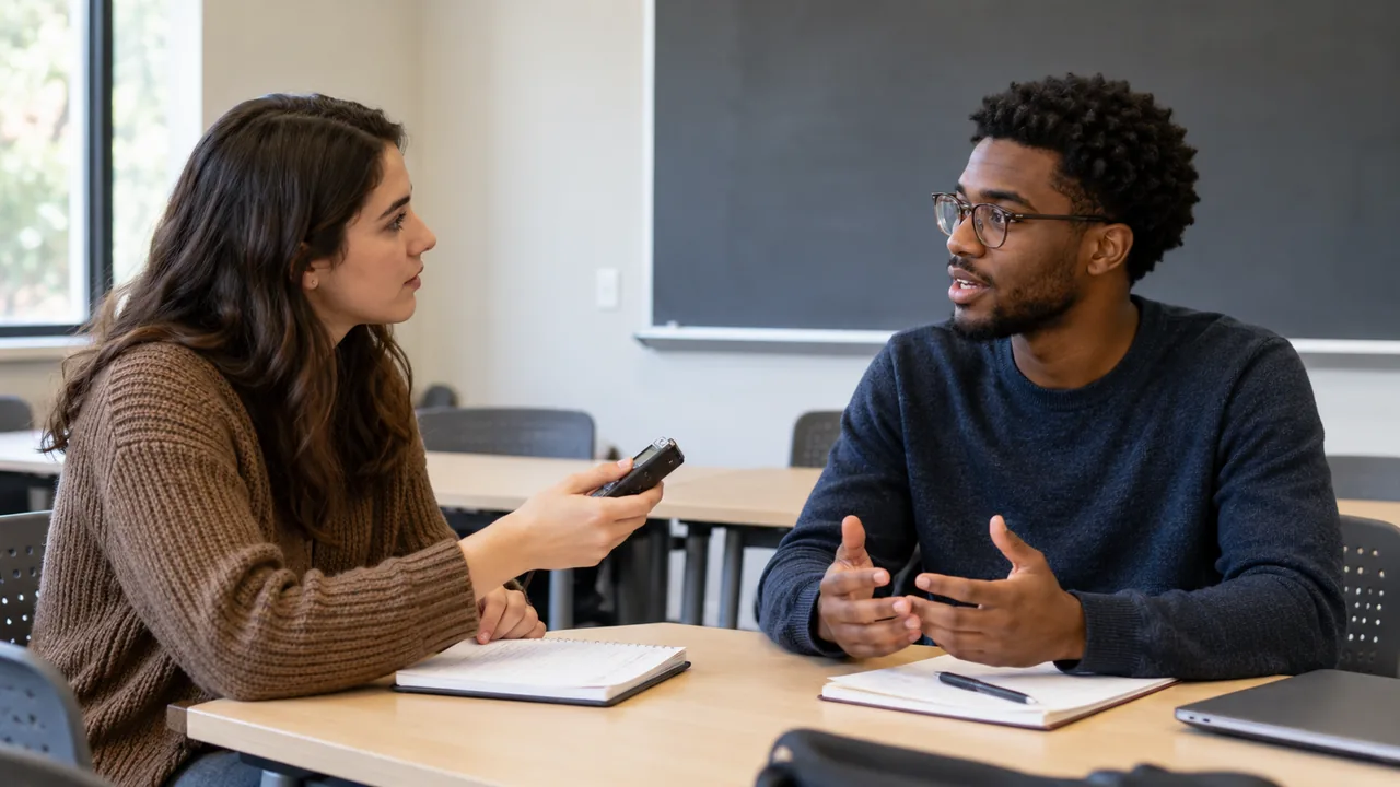 Práctica de entrevista entre estudiantes en un aula universitaria.