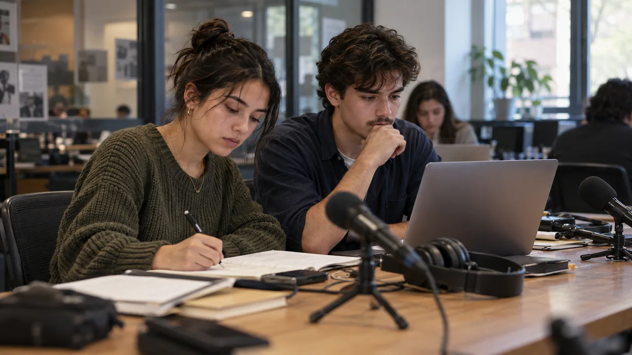 Estudiantes de periodismo revisan materiales en una redacción universitaria.