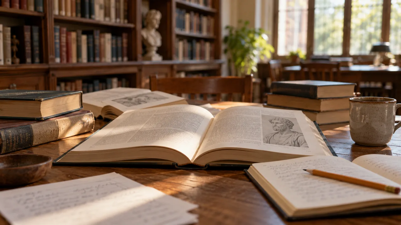 Livros de filosofia clássica e anotações de leitura sobre uma mesa.