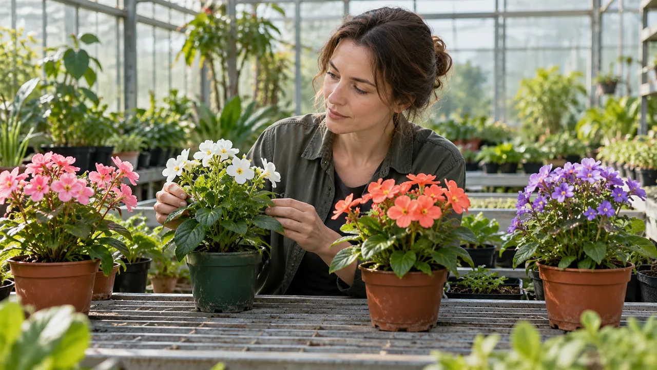 Botanista compara plantas com flores em vasos de uma estufa.