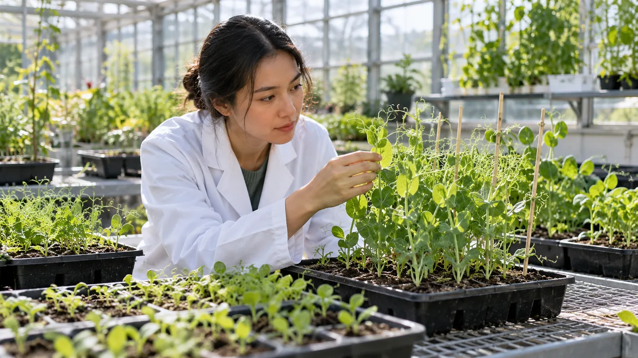 Pesquisador observa plantas jovens e bandejas de sementes em uma estufa universitária.