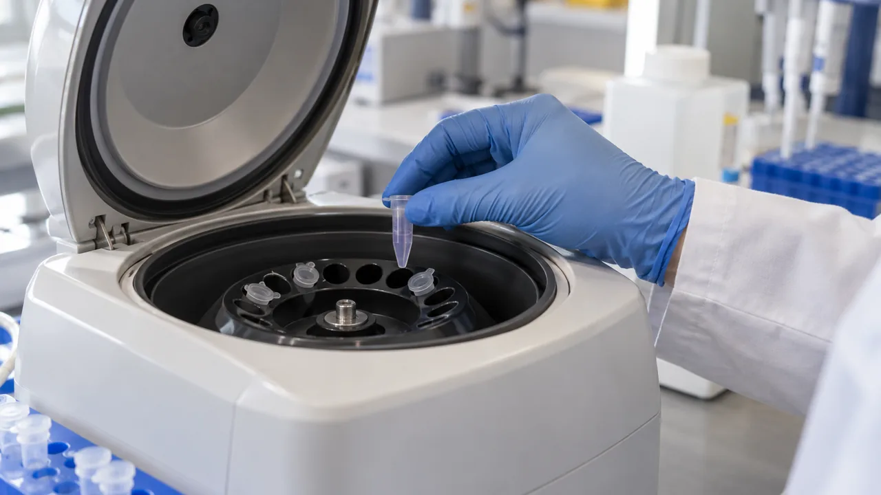 Preparación de tubos de muestra junto a una centrífuga de laboratorio.