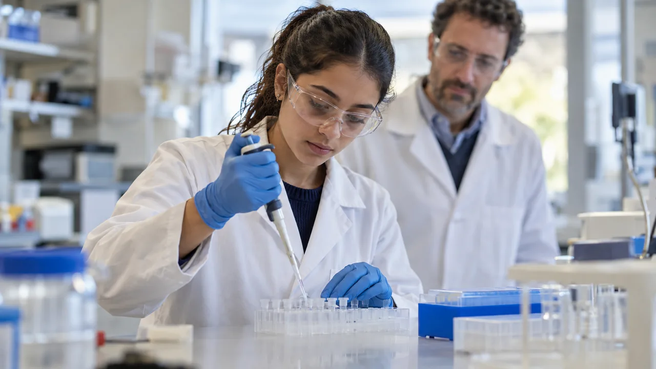 Estudiante utiliza una micropipeta en un laboratorio universitario de biotecnología.