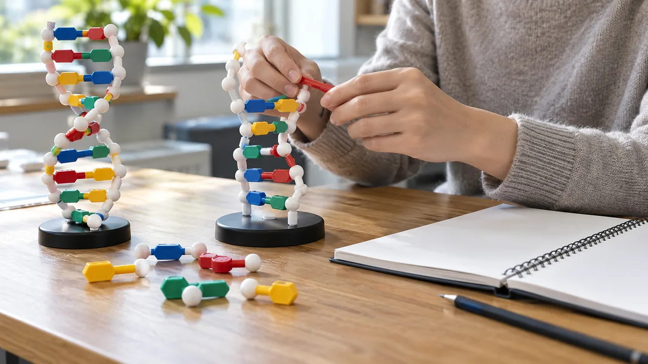 Mãos organizam peças coloridas de modelos didáticos de DNA junto a um caderno.