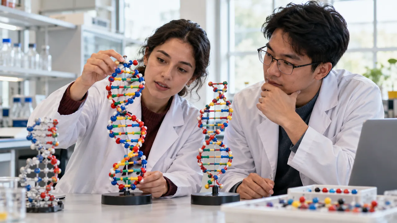 Estudantes comparam modelos didáticos de DNA em laboratório universitário.