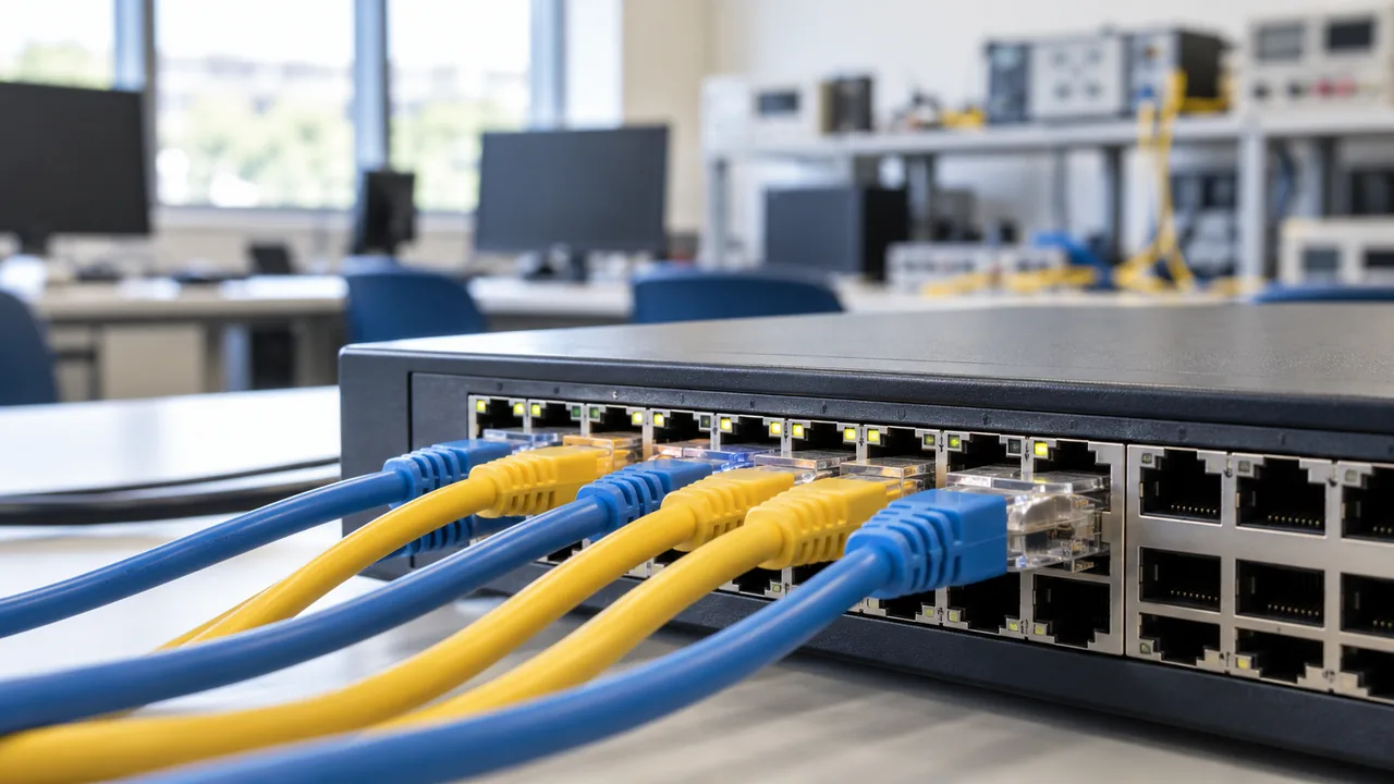 Cabos Ethernet conectados a um equipamento de rede usado para treinamento.