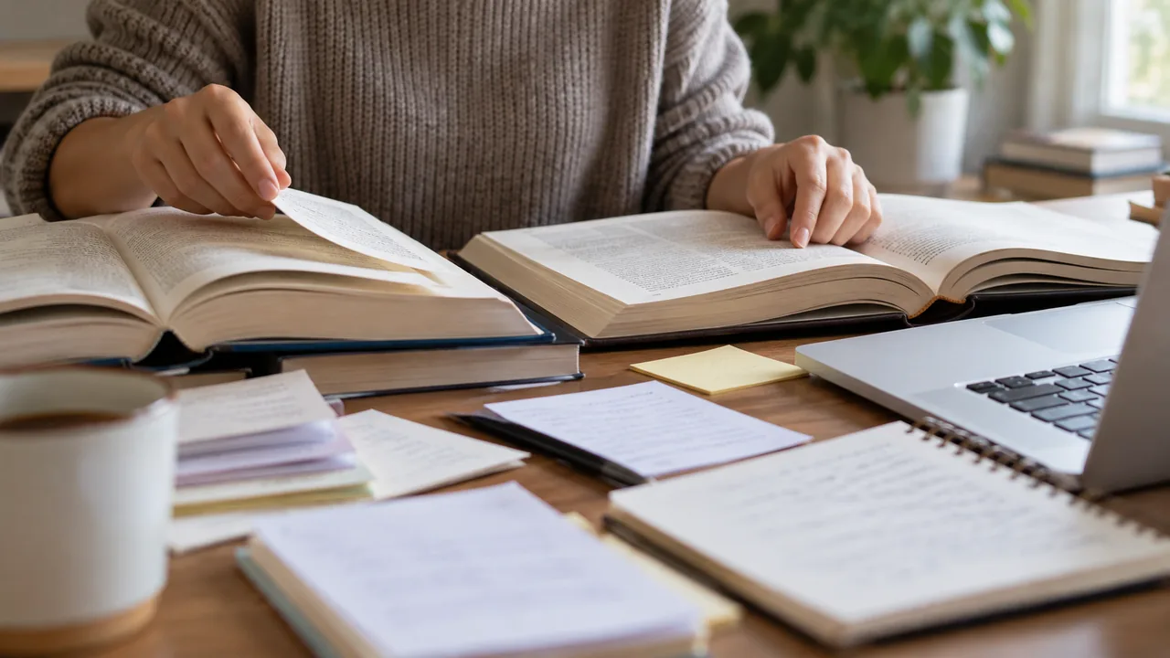 Mãos organizam fontes e anotações de leitura para uma pesquisa.